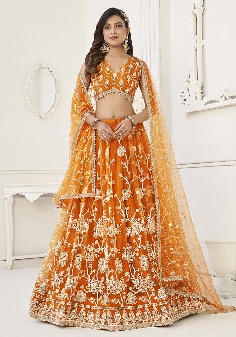 Orange Embroidered Net Lehenga Set With Dupatta