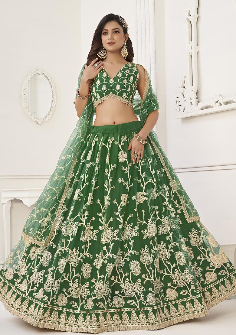 Green Embroidered Net Lehenga Set With Dupatta
