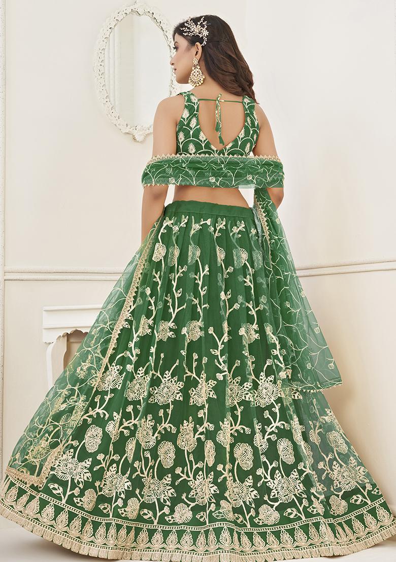 Green Embroidered Net Lehenga Set With Dupatta