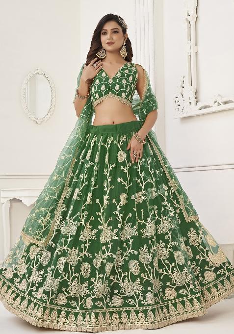 Green Embroidered Net Lehenga Set With Dupatta