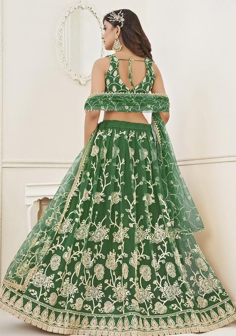 Green Embroidered Net Lehenga Set With Dupatta