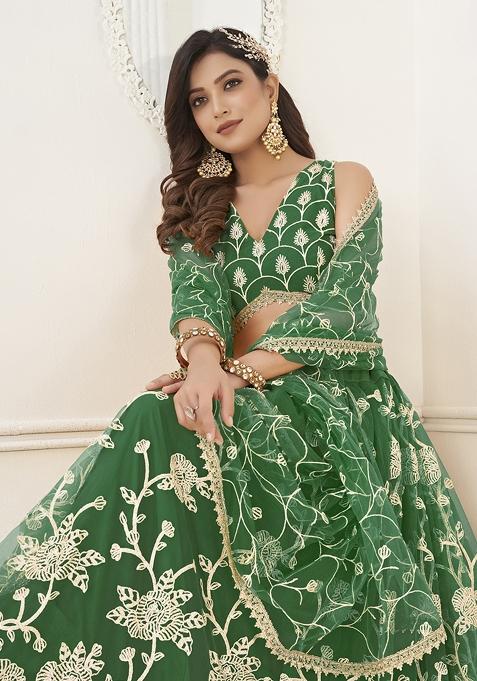 Green Embroidered Net Lehenga Set With Dupatta
