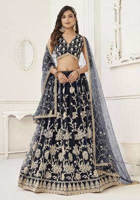 Black Embroidered Net Lehenga Set With Dupatta