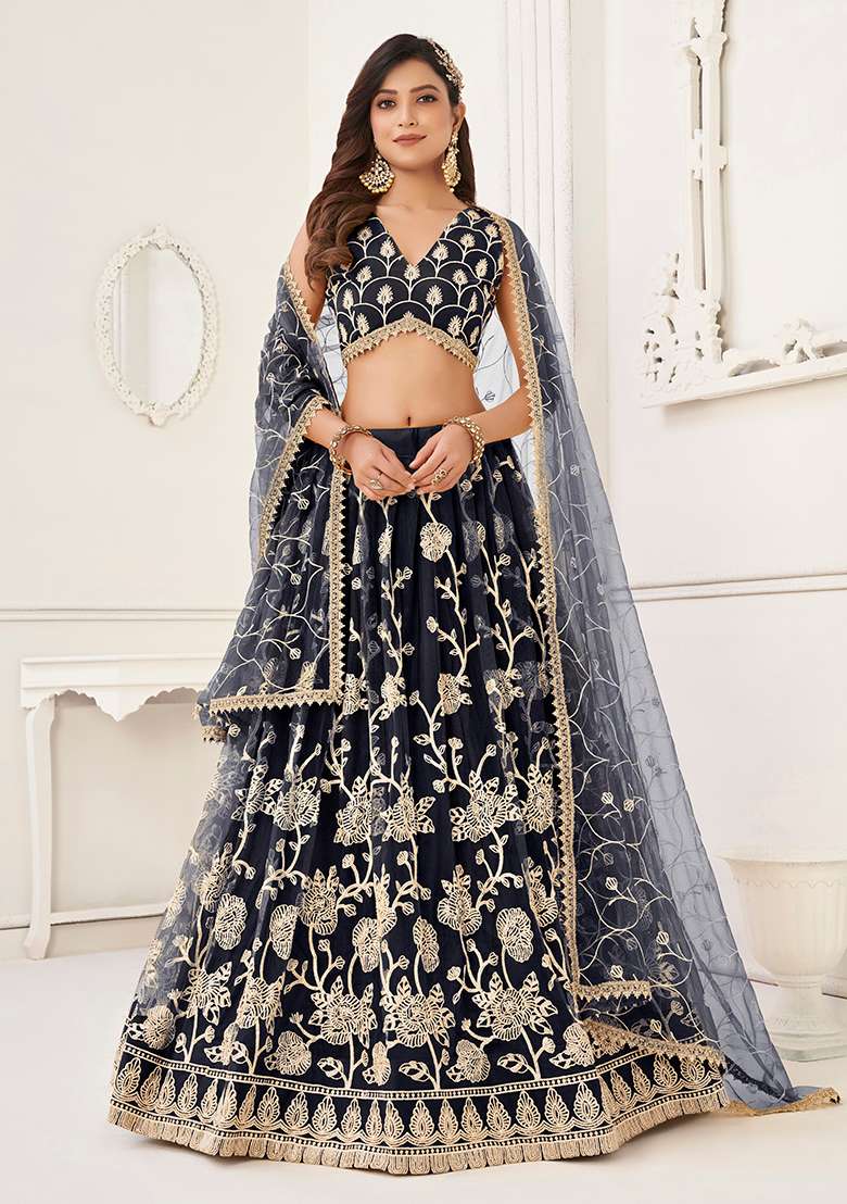 Black With Dupatta Net Lehenga Set with Embroidered for Diwali | Wedding & Festive Wear - Indya