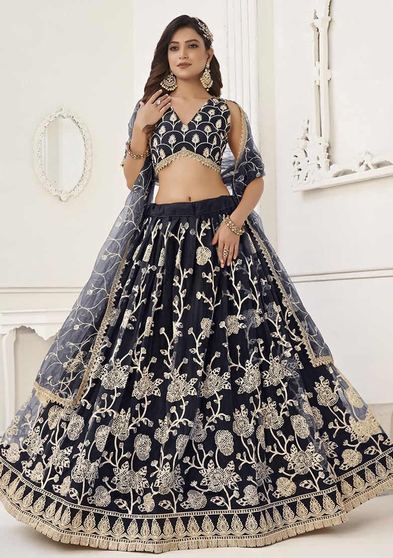 Black Embroidered Net Lehenga Set With Dupatta