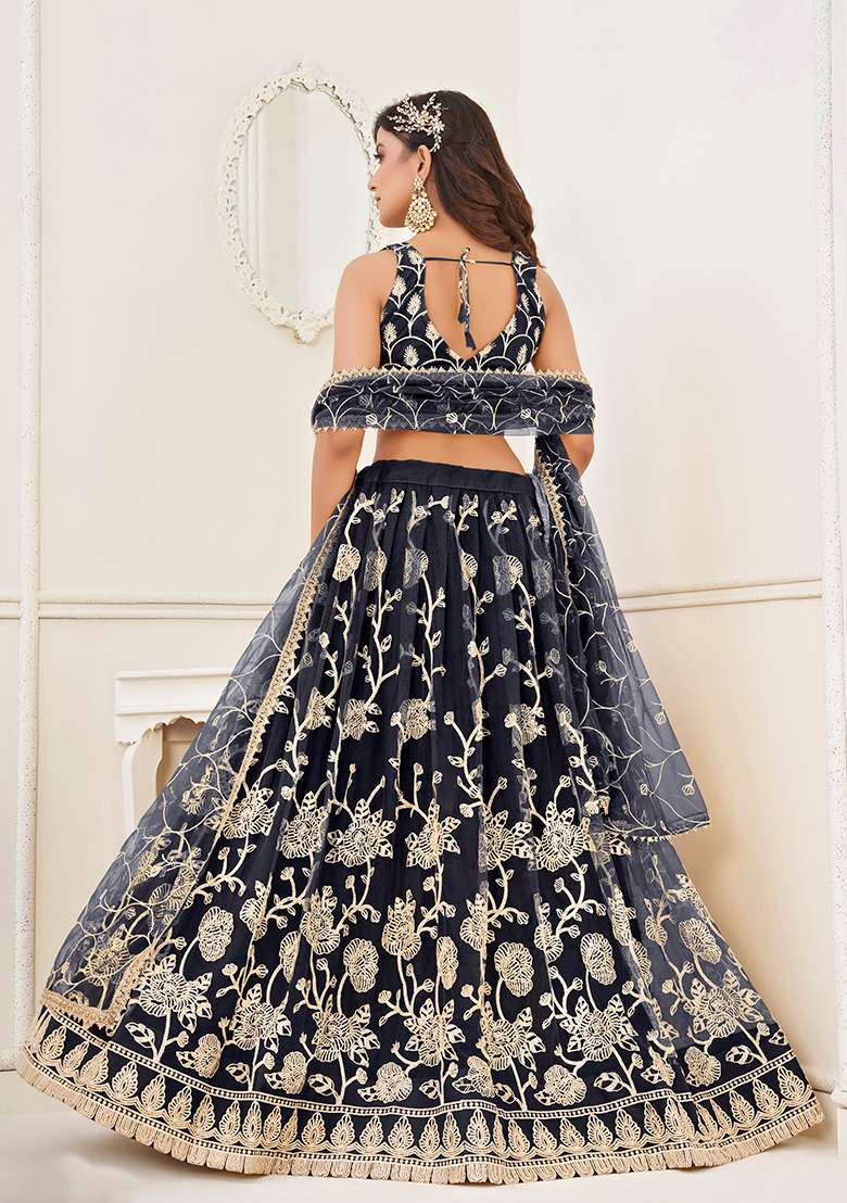 Black With Dupatta Net Lehenga Set with Embroidered for Diwali | Wedding & Festive Wear - Indya