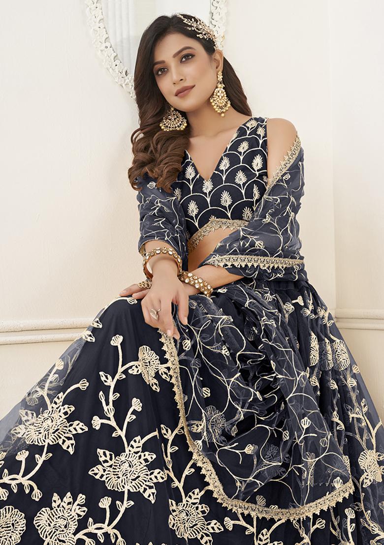 Black Embroidered Net Lehenga Set With Dupatta