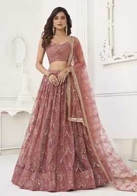 Onion Pink Embroidered Net Lehenga Set With Dupatta