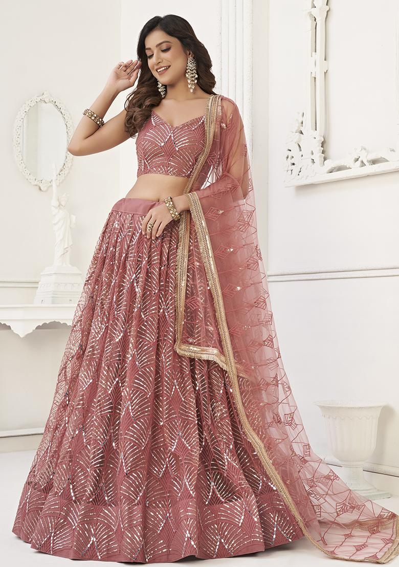 Onion Pink Embroidered Net Lehenga Set With Dupatta