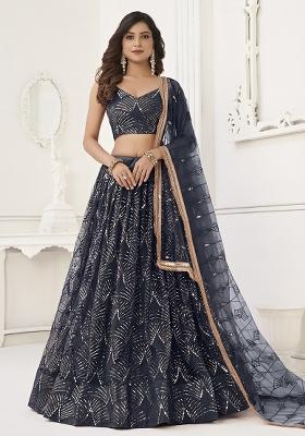 Black Embroidered Net Lehenga Set With Dupatta
