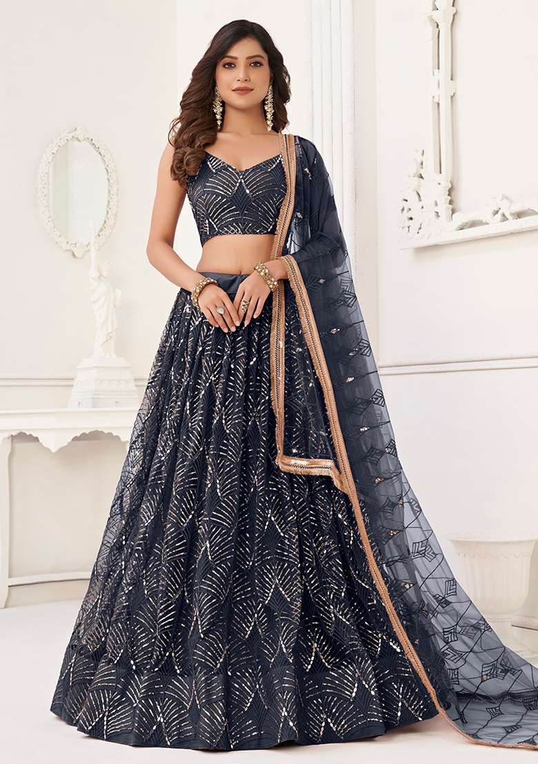 Black With Dupatta Net Lehenga Set with Embroidered for Diwali | Wedding & Festive Wear - Indya
