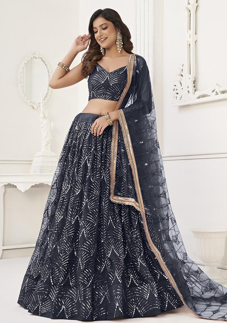 Black Embroidered Net Lehenga Set With Dupatta