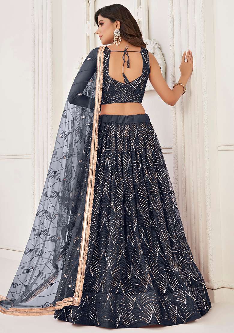Black With Dupatta Net Lehenga Set with Embroidered for Diwali | Wedding & Festive Wear - Indya