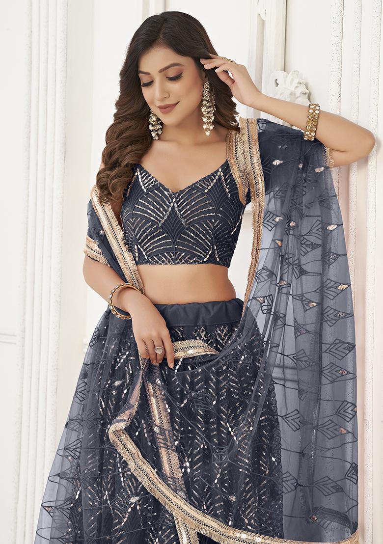 Black Embroidered Net Lehenga Set With Dupatta