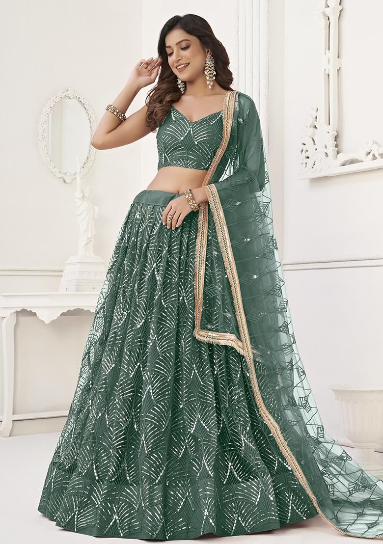 Bottle Green Embroidered Net Lehenga Set With Dupatta