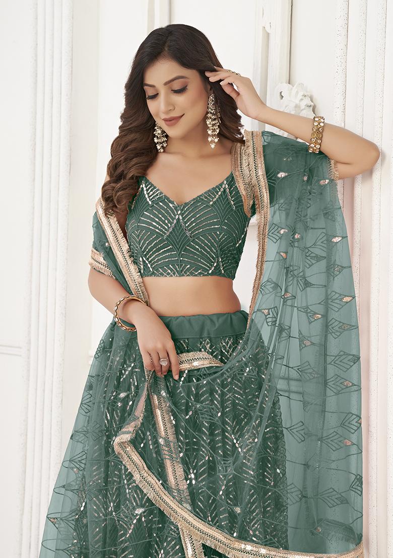 Bottle Green Embroidered Net Lehenga Set With Dupatta