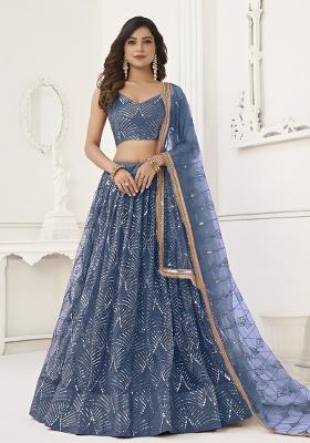 Turquoise Embroidered Net Lehenga Set With Dupatta