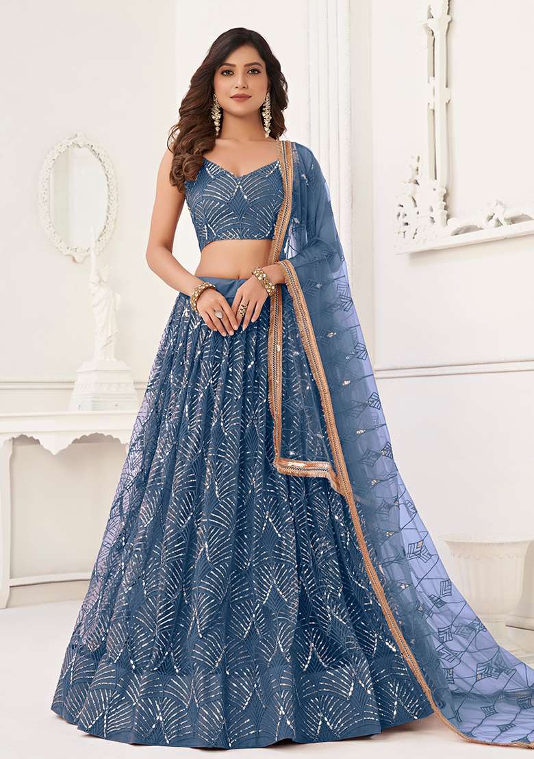 Turquoise Embroidered Net Lehenga Set With Dupatta for Diwali and Festive Wear - Indya