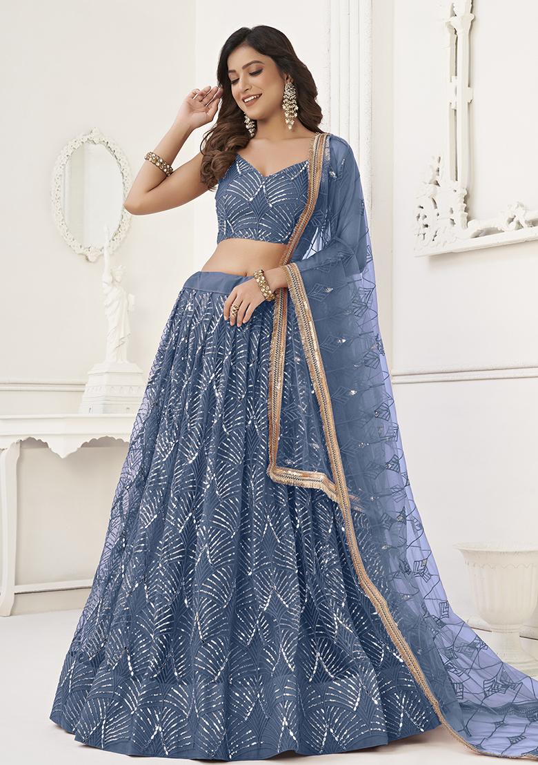 Turquoise Embroidered Net Lehenga Set With Dupatta
