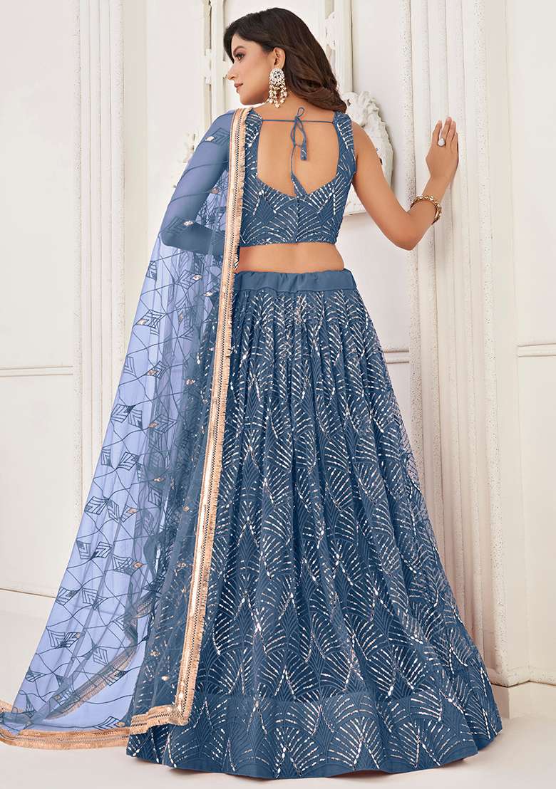 Turquoise Embroidered Net Lehenga Set With Dupatta for Diwali and Festive Wear - Indya