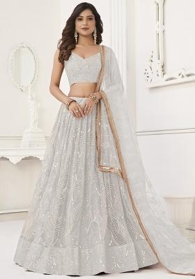 White Embroidered Net Lehenga Set With Dupatta