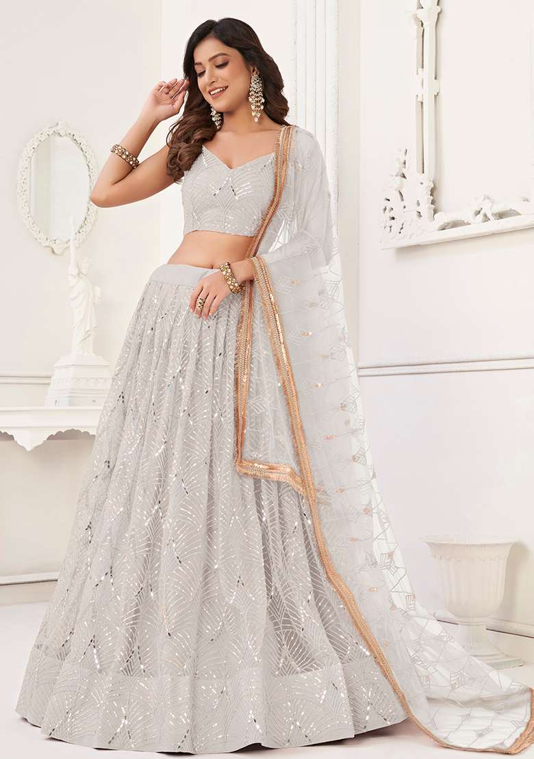 White Embroidered Net Lehenga Set With Dupatta for Diwali and Festive Wear - Indya