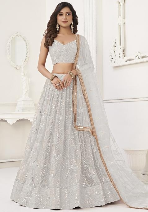 White Embroidered Net Lehenga Set With Dupatta