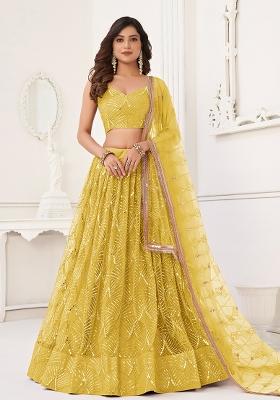 Yellow Embroidered Net Lehenga Set With Dupatta