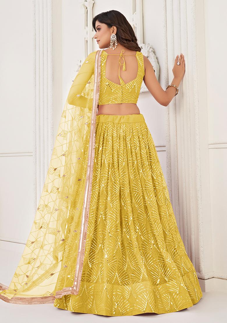 Yellow Embroidered Net Lehenga Set With Dupatta
