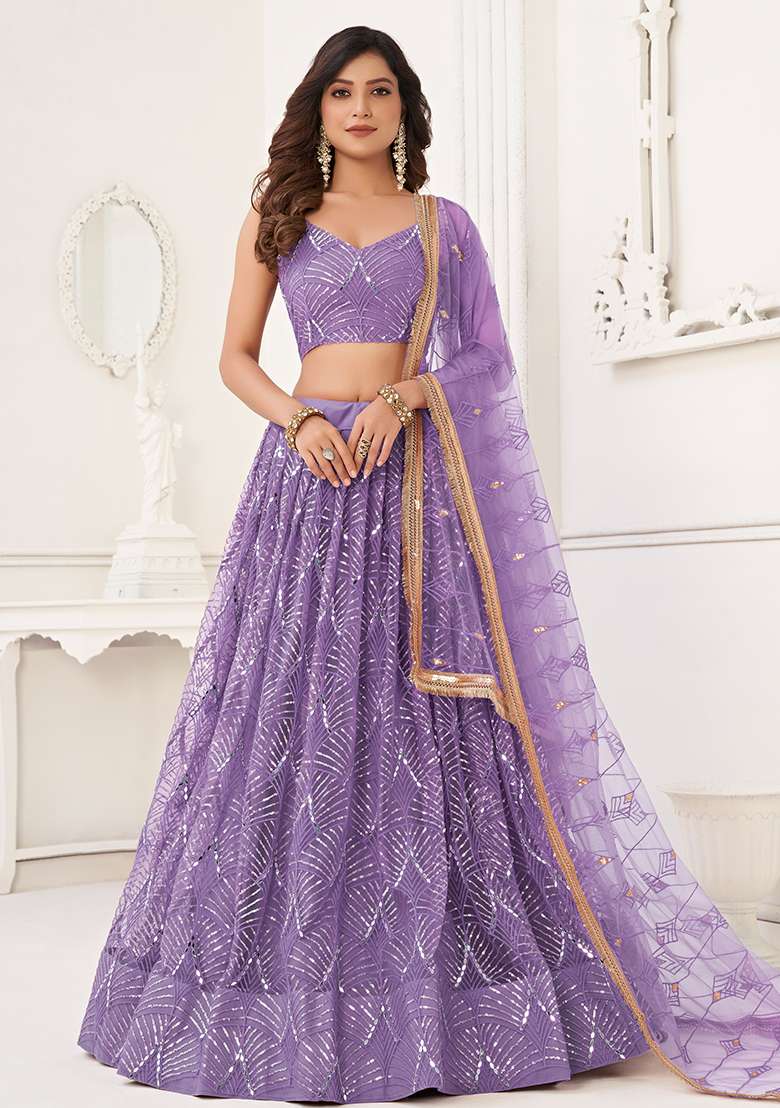 Lavender With Dupatta Net Lehenga Set with Embroidered for Diwali | Wedding & Festive Wear - Indya