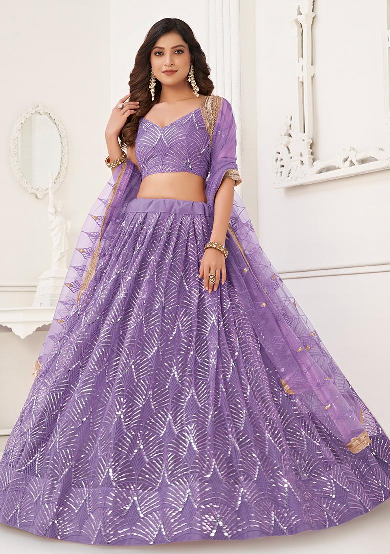 Lavender Embroidered Net Lehenga Set With Dupatta