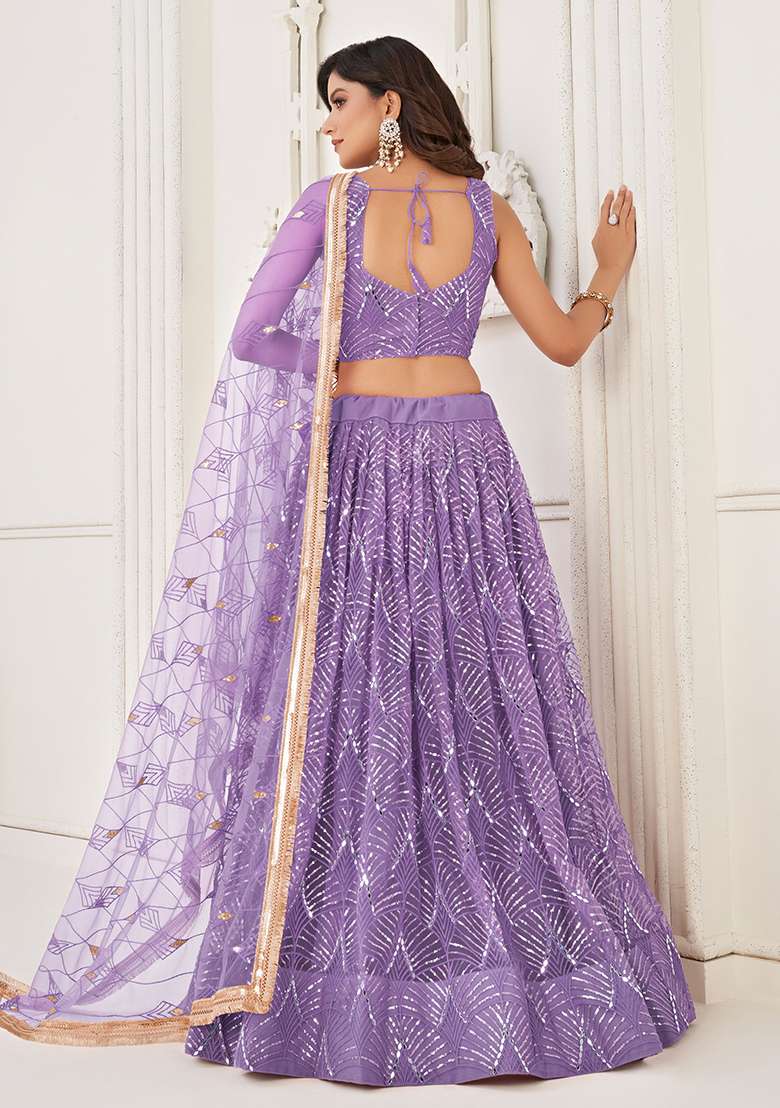 Lavender With Dupatta Net Lehenga Set with Embroidered for Diwali | Wedding & Festive Wear - Indya