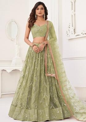 Pista Green Embroidered Net Lehenga Set With Dupatta