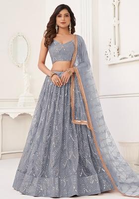 Light Gray Embroidered Net Lehenga Set With Dupatta