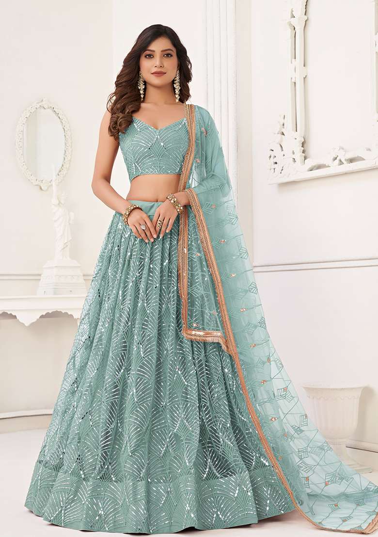 Ocean Blue Embroidered Net Lehenga Set With Dupatta for Diwali and Festive Wear - Indya