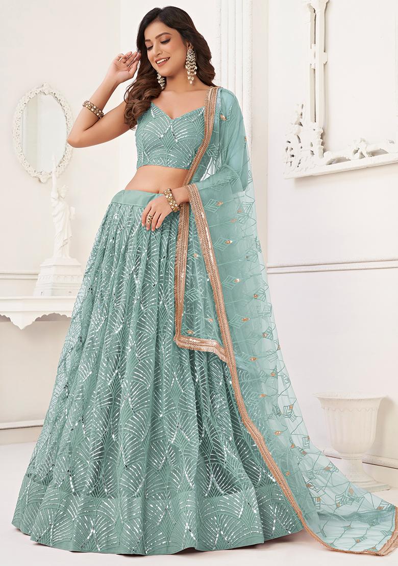 Ocean Blue Embroidered Net Lehenga Set With Dupatta