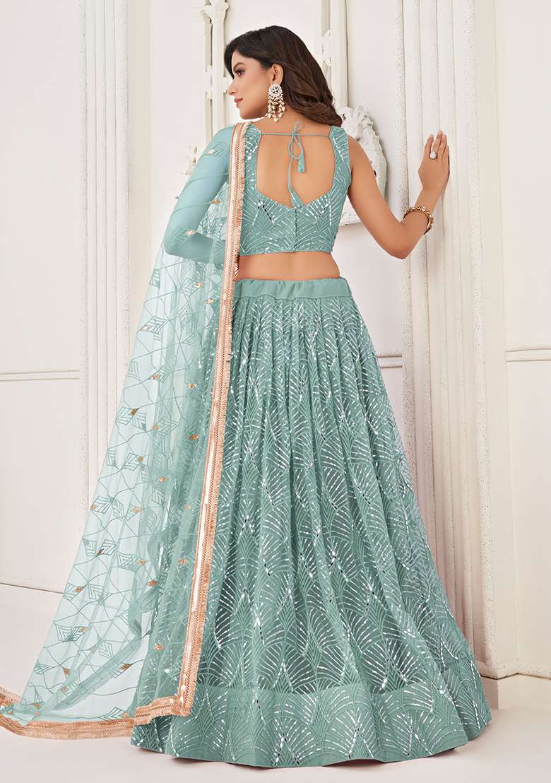 Ocean Blue Embroidered Net Lehenga Set With Dupatta for Diwali and Festive Wear - Indya