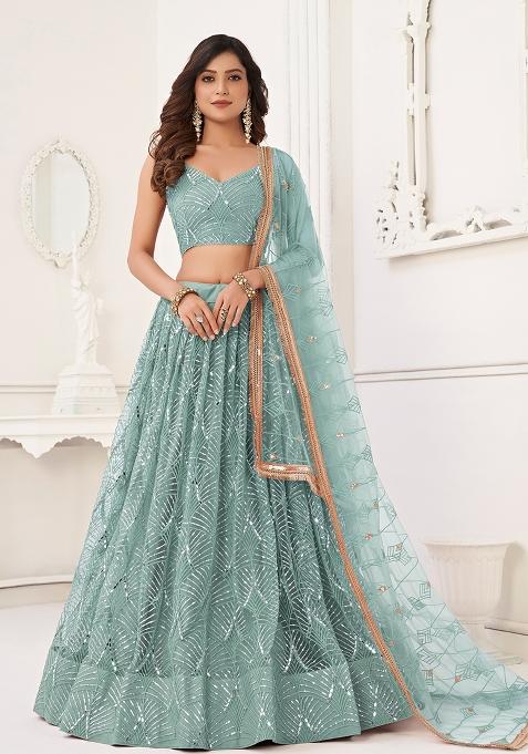 Ocean Blue Embroidered Net Lehenga Set With Dupatta