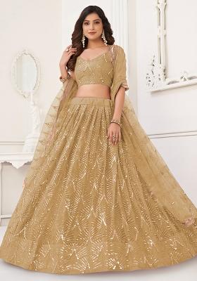 Beige Embroidered Net Lehenga Set With Dupatta