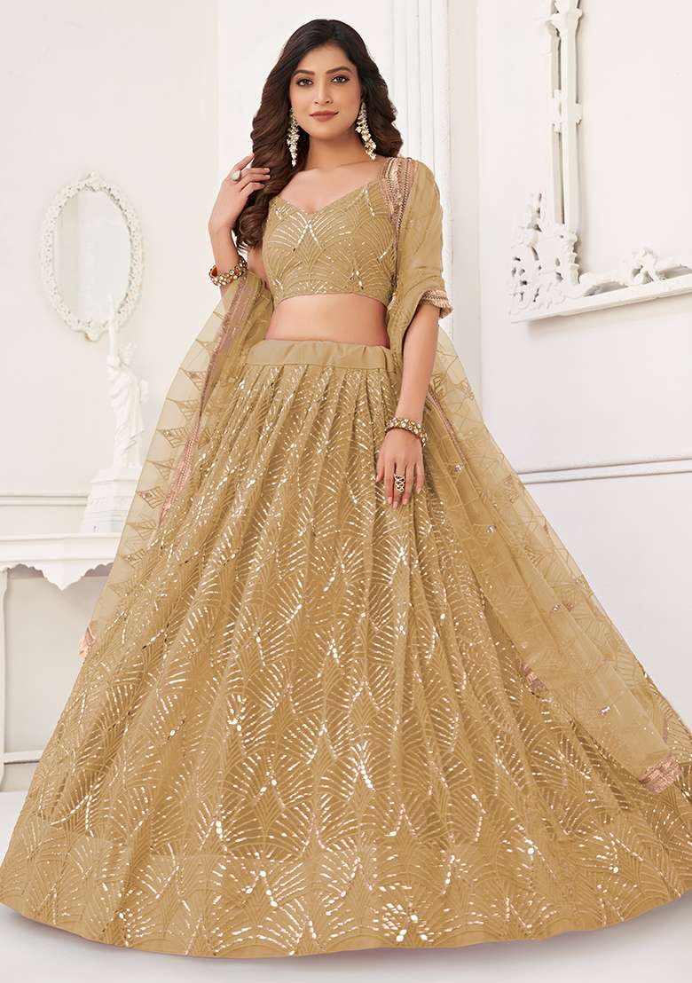 Beige Embroidered Net Lehenga Set With Dupatta for Diwali and Festive Wear - Indya