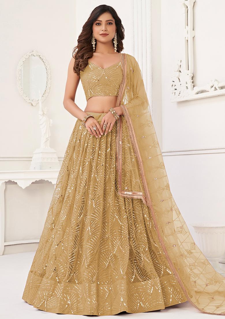 Beige Embroidered Net Lehenga Set With Dupatta