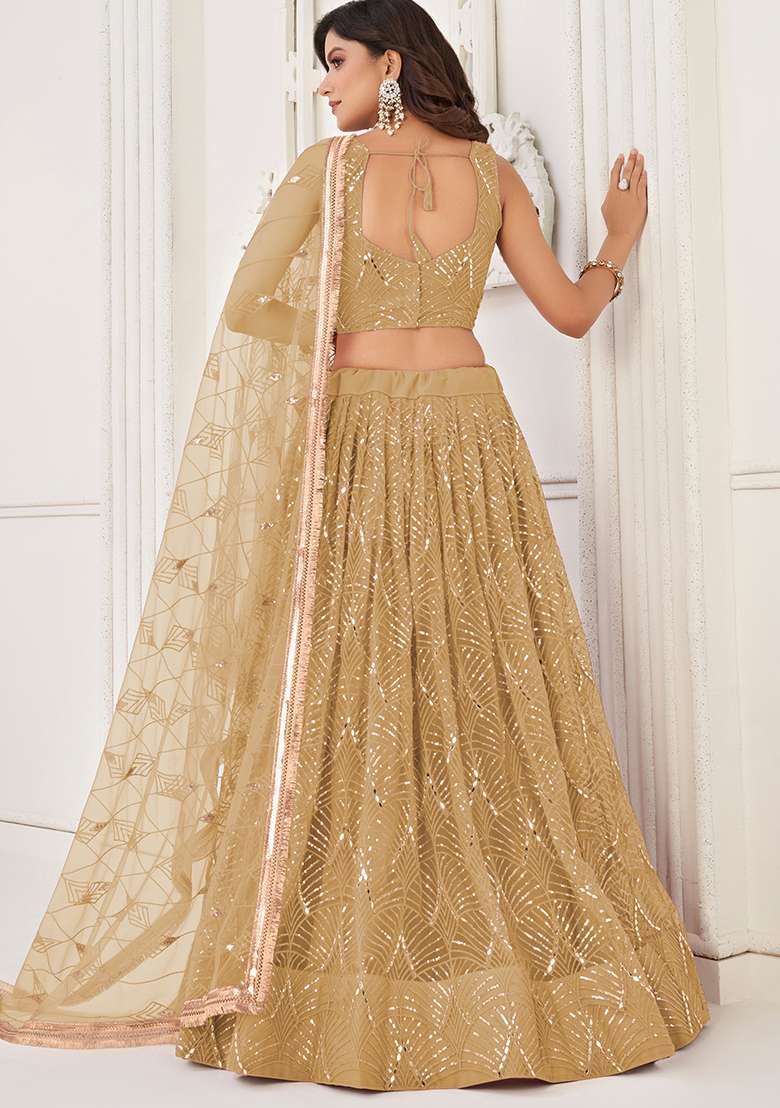 Beige Embroidered Net Lehenga Set With Dupatta for Diwali and Festive Wear - Indya