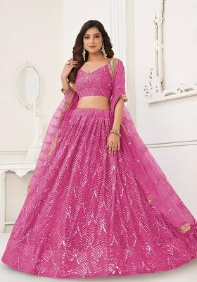 Pink Embroidered Net Lehenga Set With Dupatta