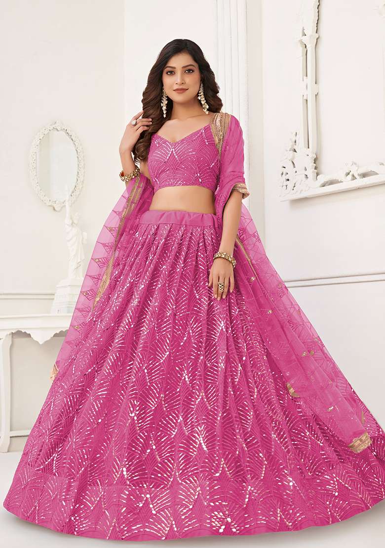 Pink Embroidered Net Lehenga Set With Dupatta for Diwali and Festive Wear - Indya