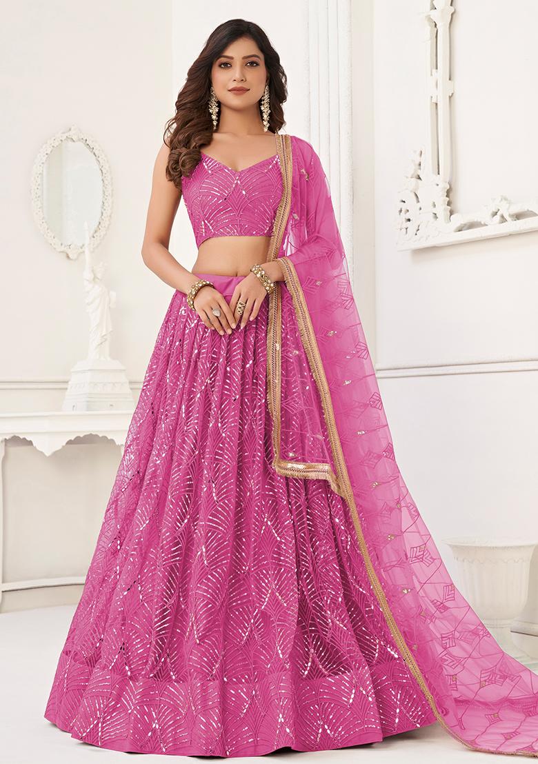 Pink Embroidered Net Lehenga Set With Dupatta