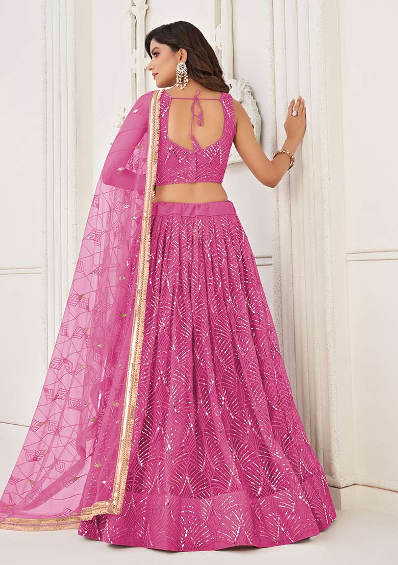 Pink Embroidered Net Lehenga Set With Dupatta for Diwali and Festive Wear - Indya