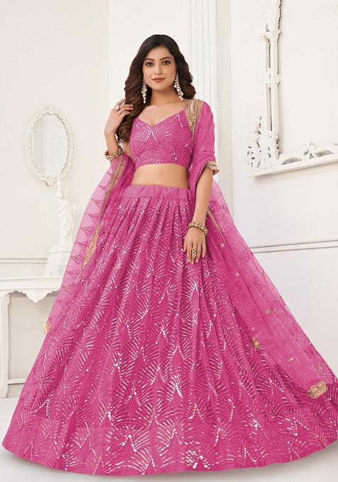 Pink Embroidered Net Lehenga Set With Dupatta