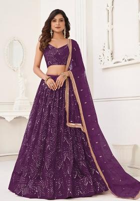 Wine Embroidered Net Lehenga Set With Dupatta