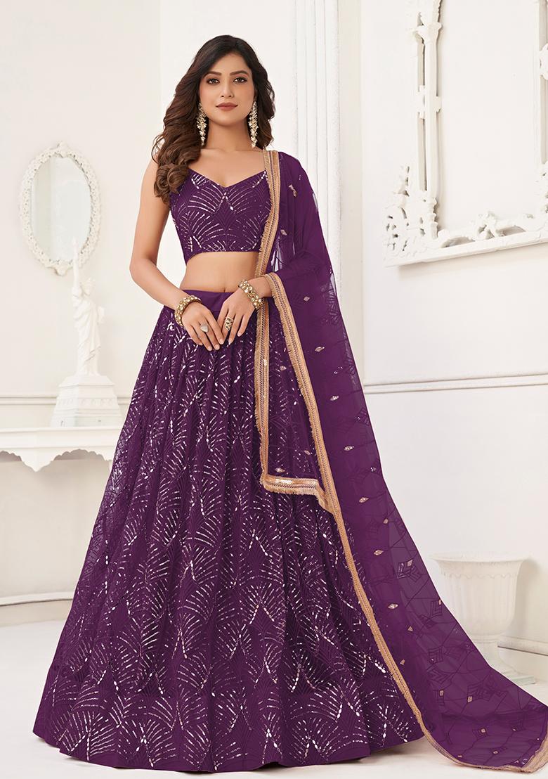 Wine Embroidered Net Lehenga Set With Dupatta