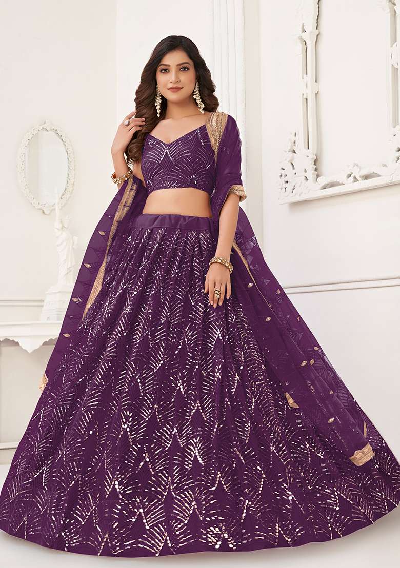 Wine Embroidered Net Lehenga Set With Dupatta for Diwali and Festive Wear - Indya
